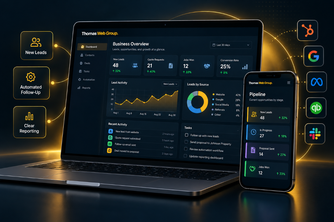 Illustration of a business growth dashboard on a laptop and phone connected to customer and business tools.